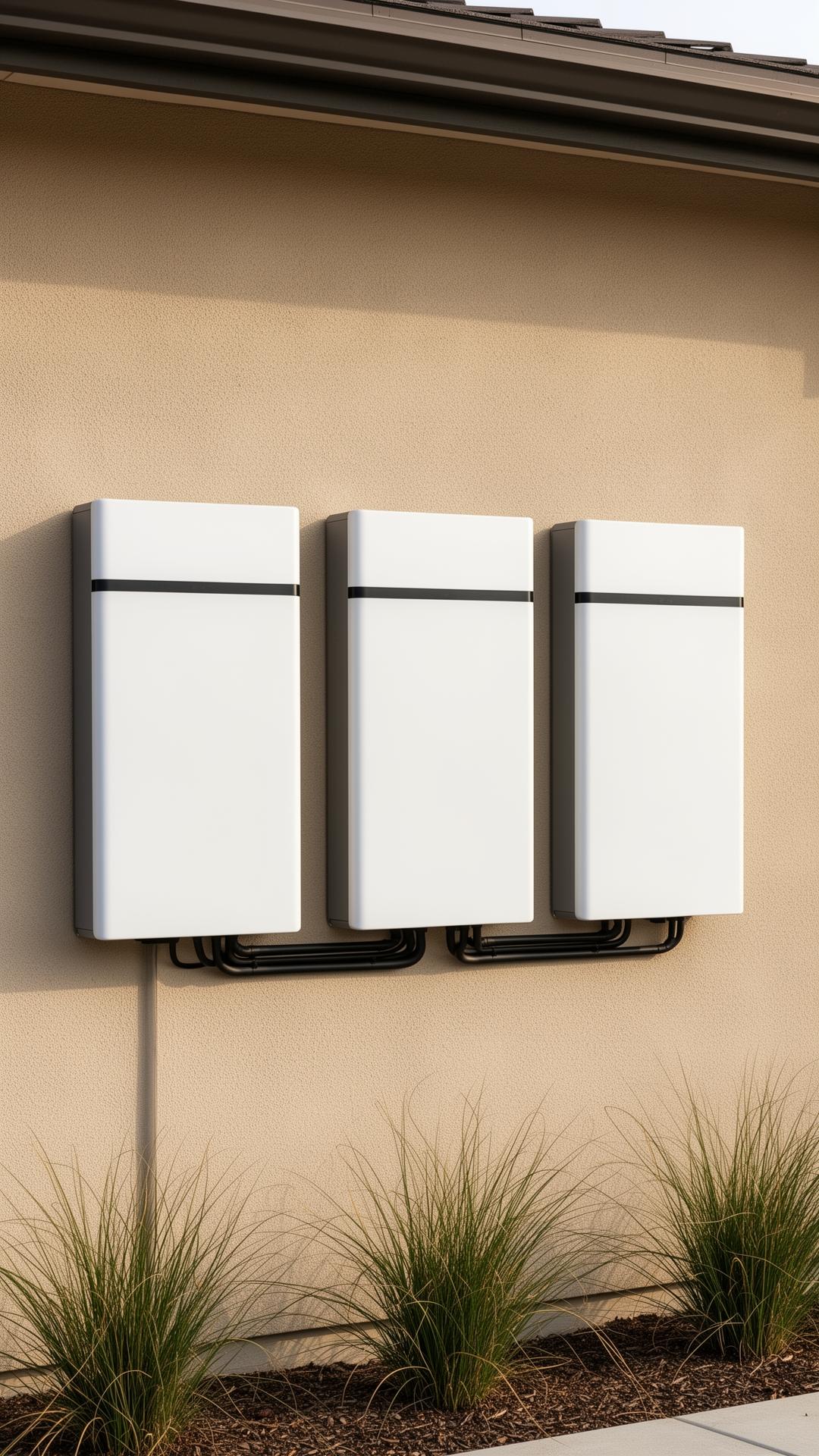 Three Enphase IQ Battery 10C units mounted side by side on the exterior stucco wall of a modern California home, with clean black conduit and tidy landscaping at the base.