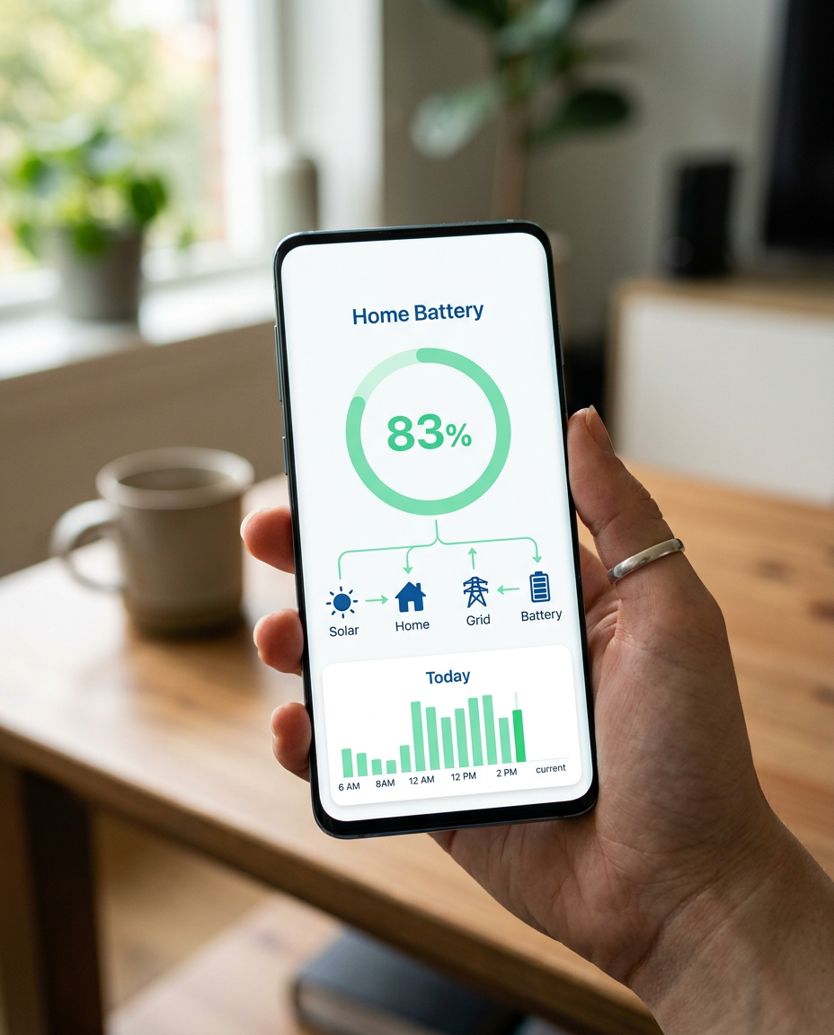 Smartphone in hand showing the Enphase home energy mobile app with an 83% battery charge ring and live solar, home, grid, and battery power-flow icons.