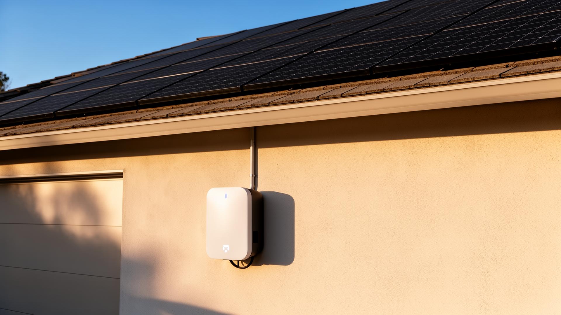 Wall-mounted Level 2 EV charger installed on the exterior stucco wall of a California home, with a rooftop array of all-black solar panels visible above against a clear blue sky.