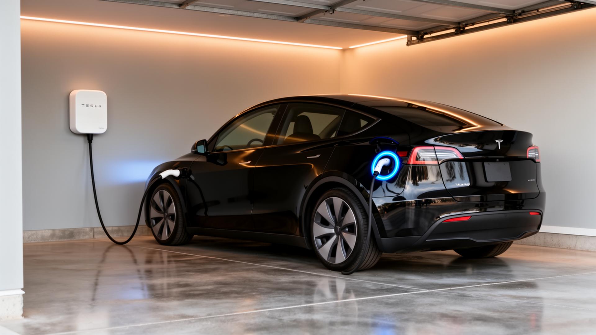 Black Tesla Model Y parked in a clean modern home garage, plugged into a white Tesla Wall Connector with the charge port glowing blue to indicate active charging.