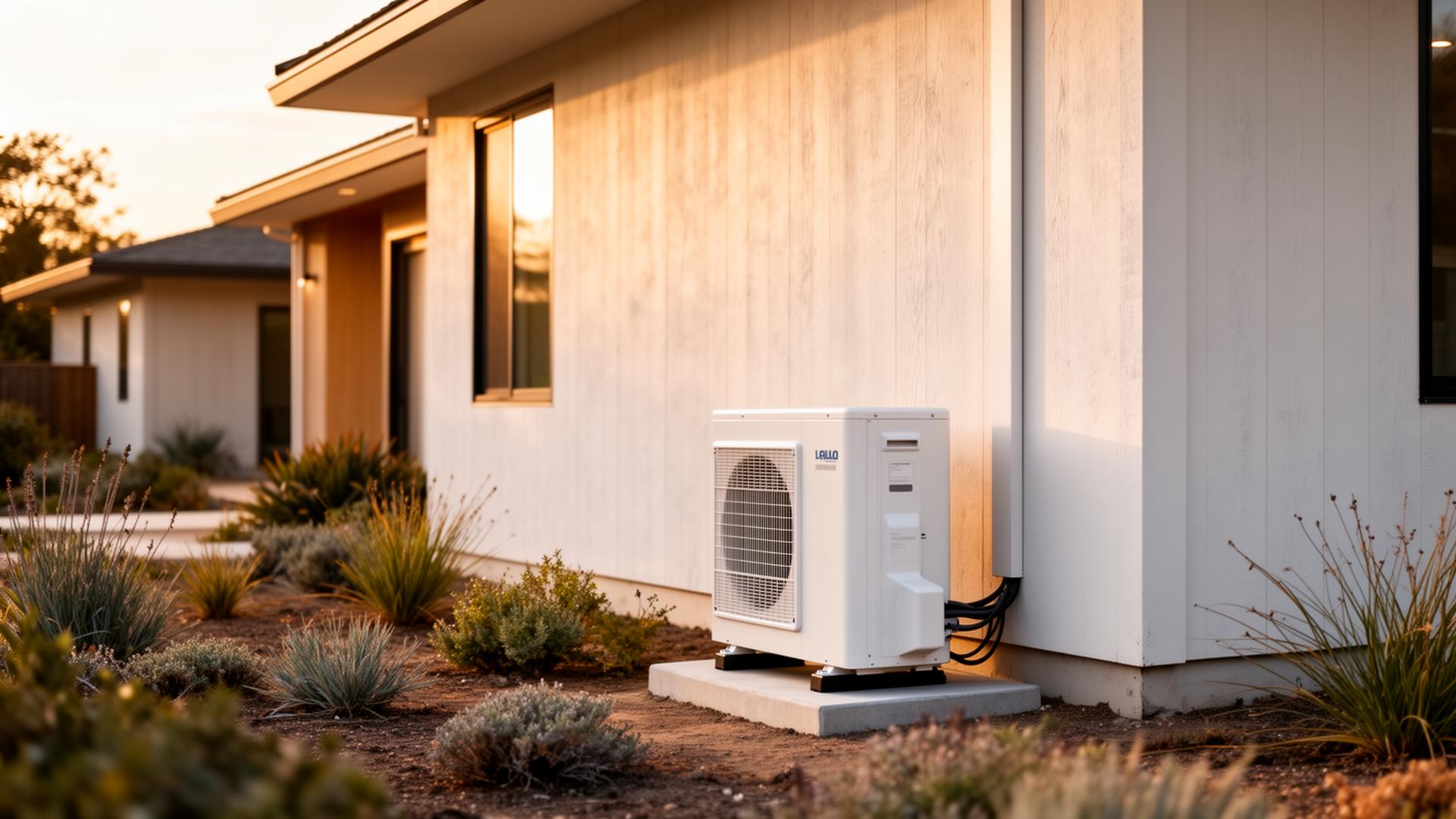 Outdoor white residential heat pump condenser unit installed on a low concrete pad against the cream-colored siding of a modern California home, surrounded by drought-tolerant landscaping at golden hour.