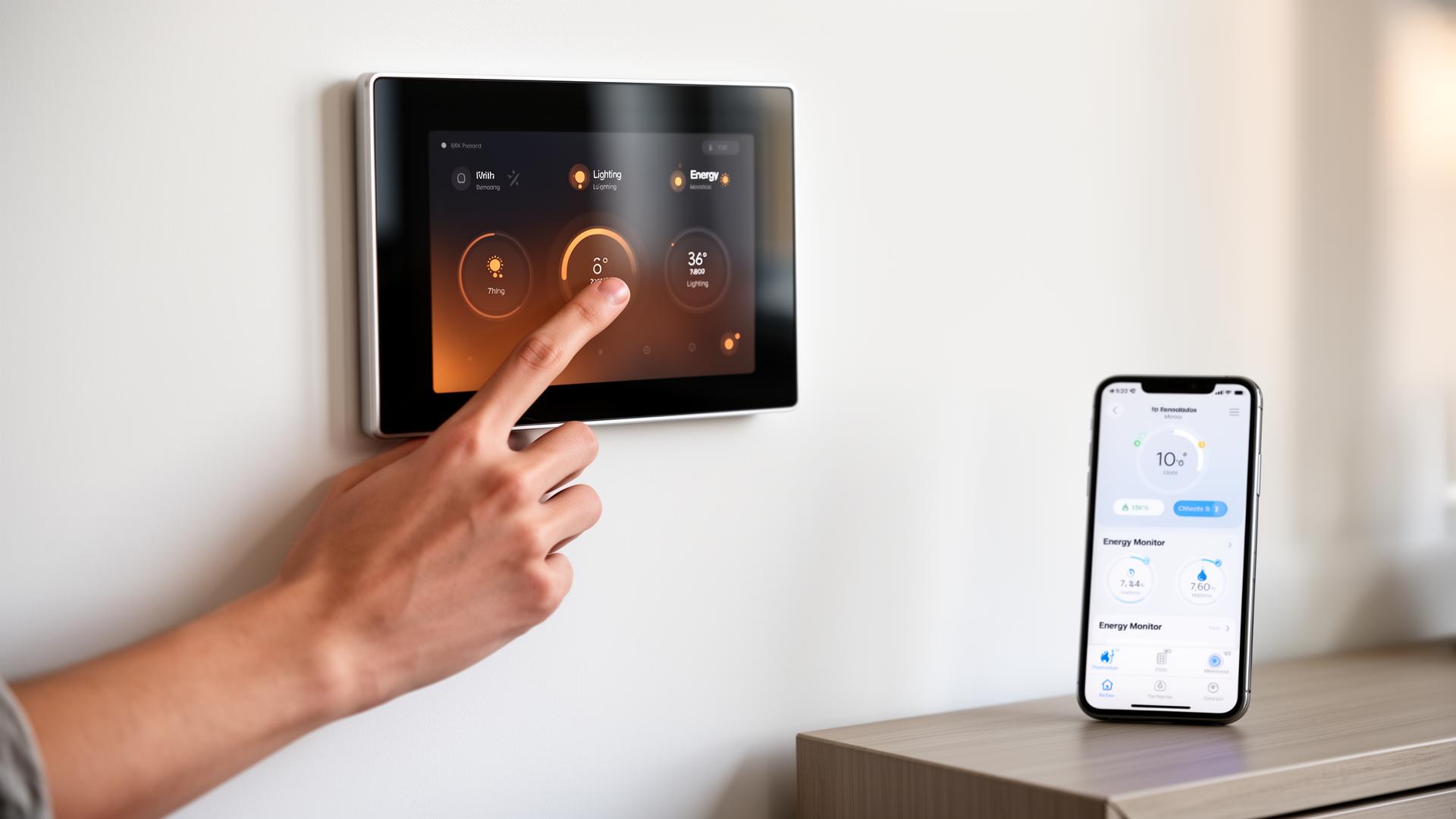 A hand reaching toward a wall-mounted smart-home touchscreen showing climate, lighting, and energy controls, with a smartphone displaying the matching home control app on a side console.