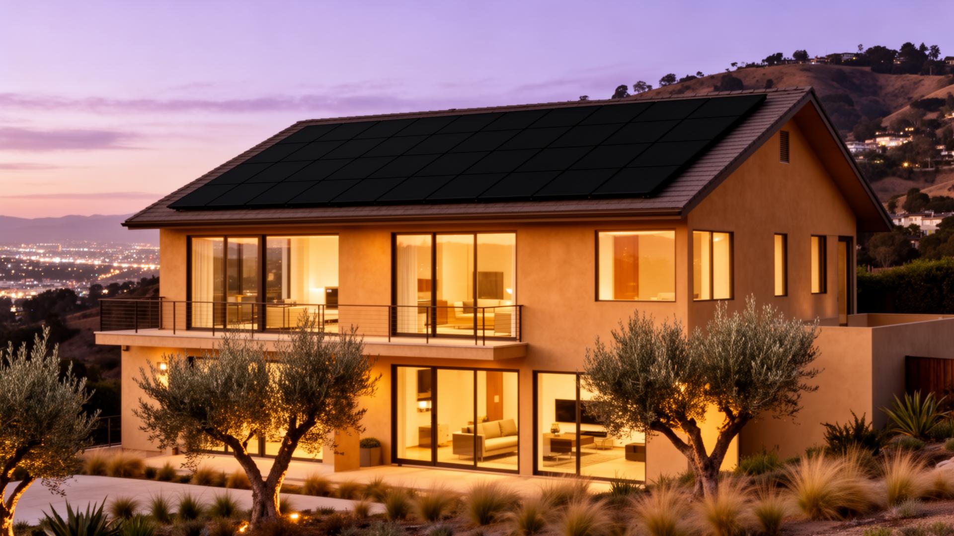 Two-story stucco home at twilight with a uniform all-black solar panel array covering the upper roof, hillside city lights in the background.