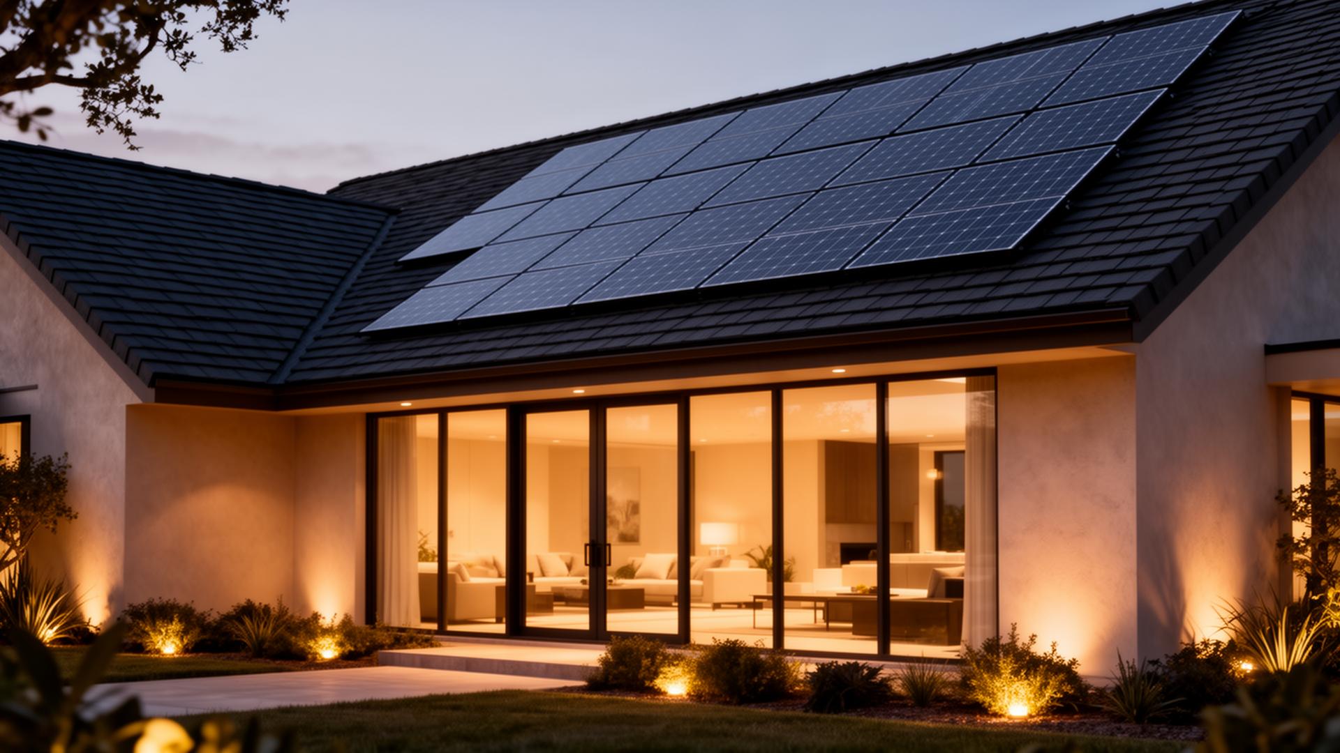 Photorealistic 3D rendering of a modern California home with integrated solar at twilight