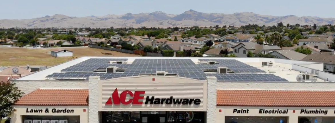 ACE Hardware storefront with rooftop solar array in California