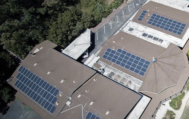 Closer aerial view of solar arrays installed at Saint Clare's Retreat
