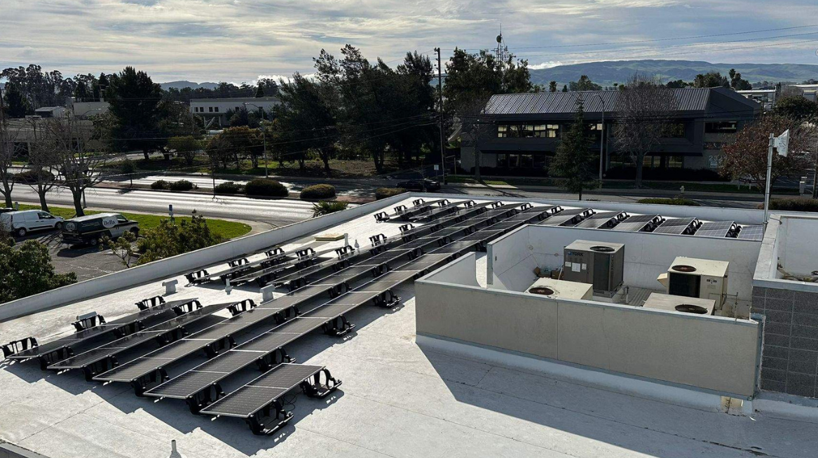 Aerial view of the Skyway Telehealth rooftop solar array in Santa Maria, CA
