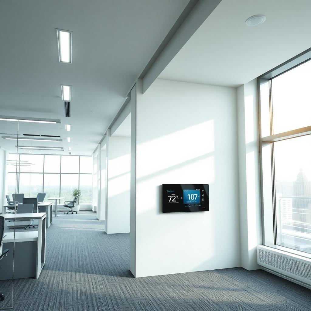 Smart thermostat and networked lighting controls integrated with a commercial building management system in a modern office.