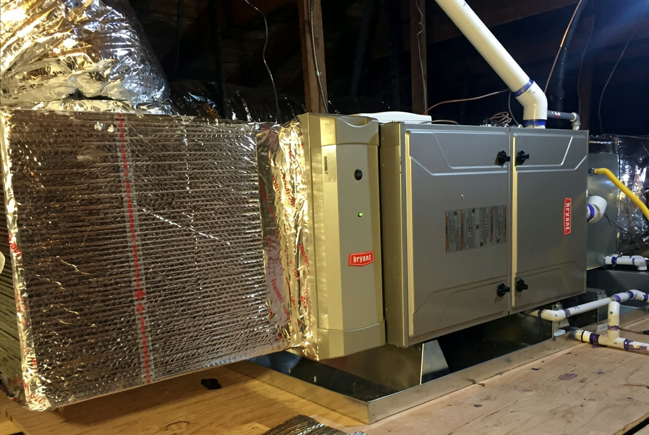 Horizontal Bryant high-efficiency gas furnace with matching evaporator coil and foil-wrapped return plenum installed in an attic, PVC intake and exhaust venting overhead.