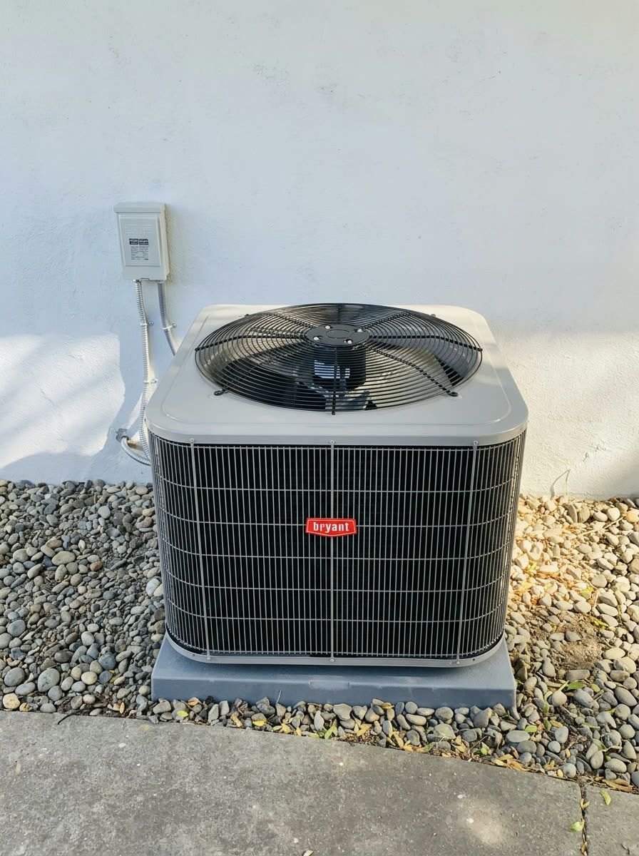 Bryant top-discharge AC condenser on a composite pad against a white stucco wall with electrical disconnect and river-rock landscaping.