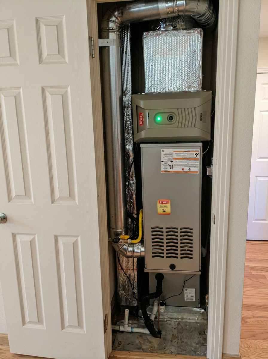 Bryant gas furnace with Bryant humidifier mounted above showing green status LED, installed in a narrow indoor closet with foil-wrapped supply plenum and galvanized flue.