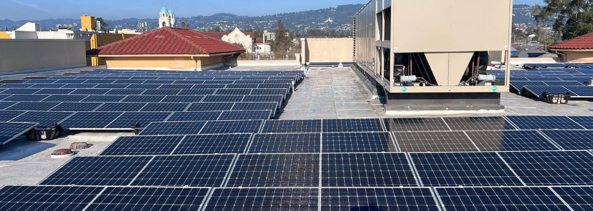 Rooftop solar array at La Clinica in Oakland, CA